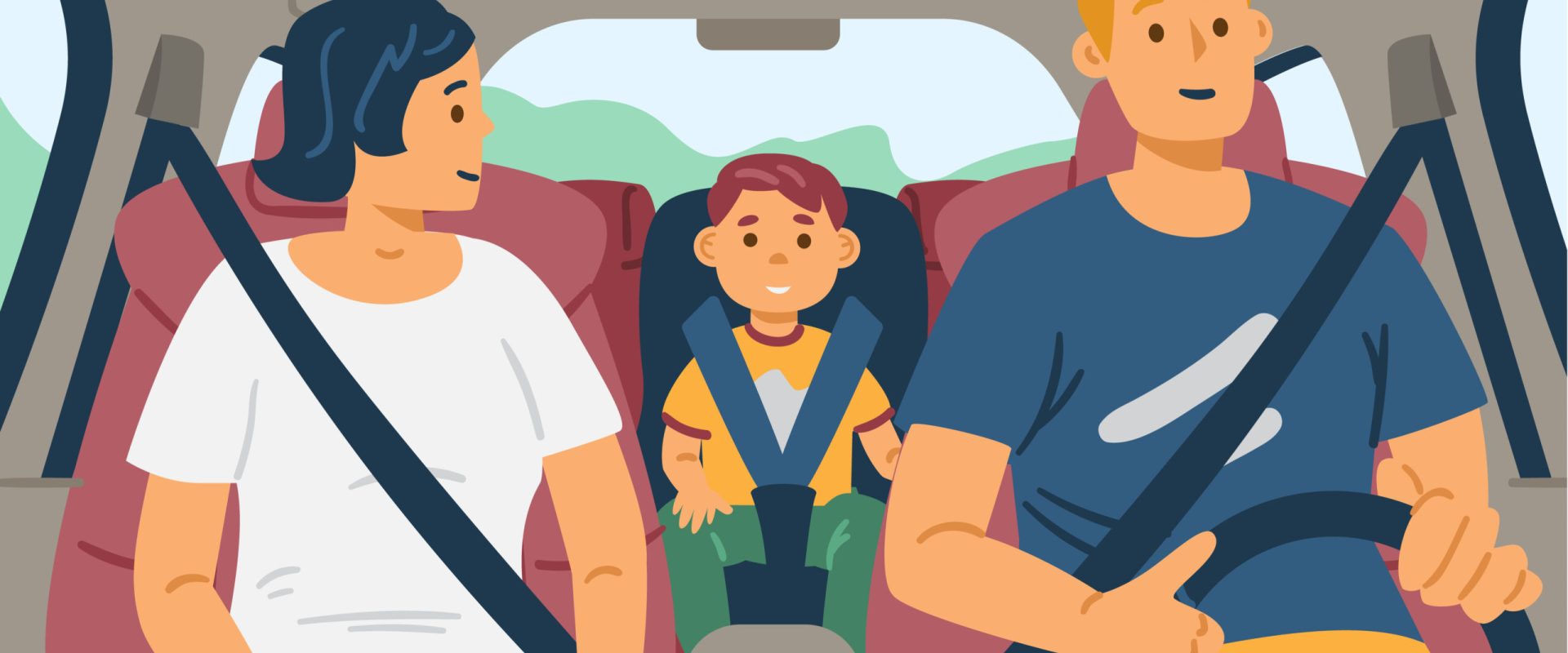Happy family of parents and son sitting inside car driving through a road with seatbelts fasten, flat vector illustration. Family car trip or daily ride.