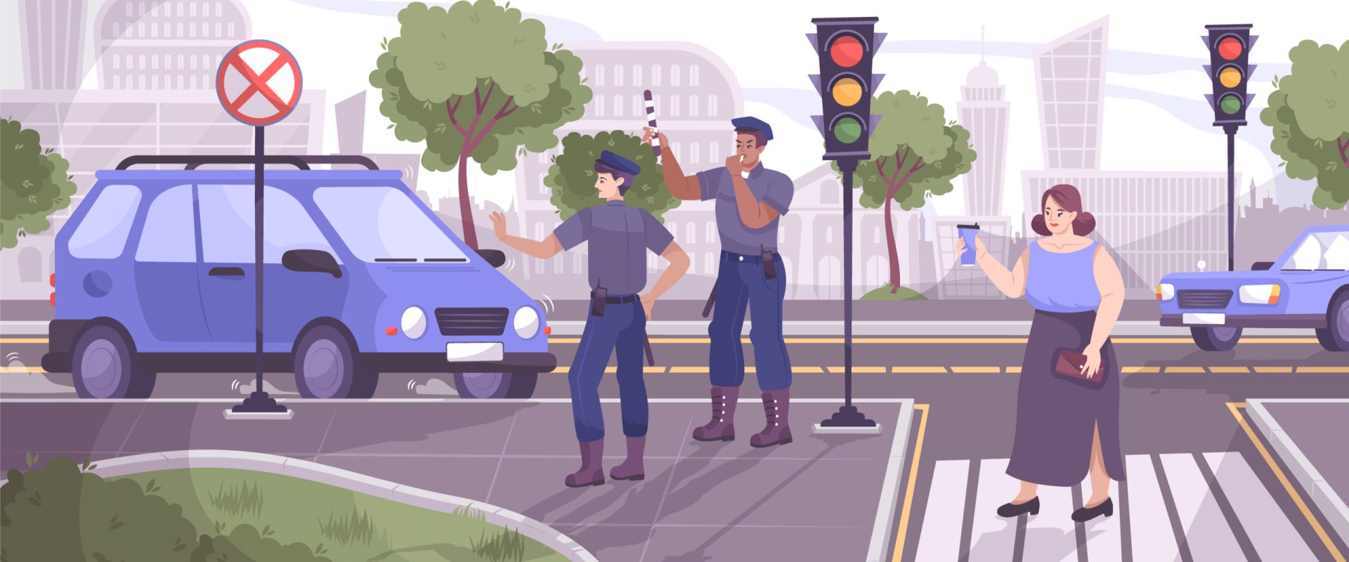 Traffic police background with stop signal symbols flat vector illustration
